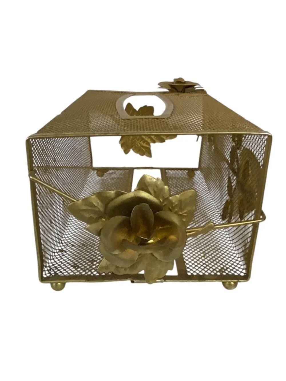 Vintage Decorative Gold Gilt Metal Mesh Tissue Box Holder Floral Rose Accents